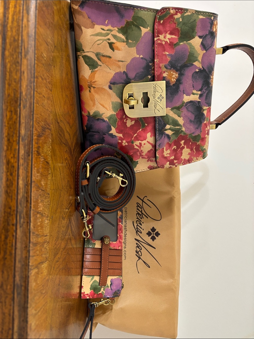Patricia Nash Floral Leather Crossbody in Purple, Pink, Tan and Green